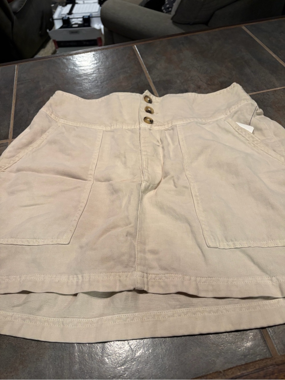 aerie Light Beige High-Waist Button-Front Mini Skirt